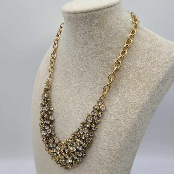 J Crew Clear Crystal Gold Tone Bib Necklace Vintage - Picture 5 of 12